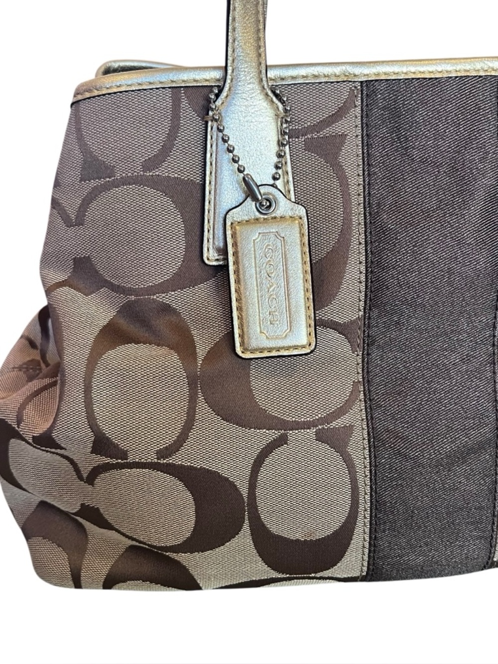 Coach Khaki Gold Y2K Vintage Kisslock Signature Stripe Framed Carryall Tote Bag - Picture 2 of 15